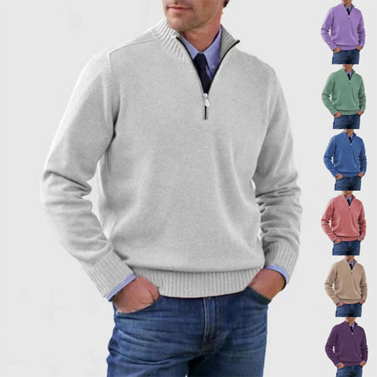 Men's Winter Knit Sweater – Stand Collar Zip-Up, Solid Colour Long Sleeve Pullover