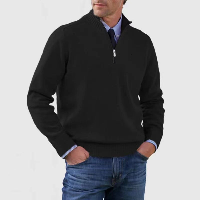Men's Winter Knit Sweater – Stand Collar Zip-Up, Solid Colour Long Sleeve Pullover