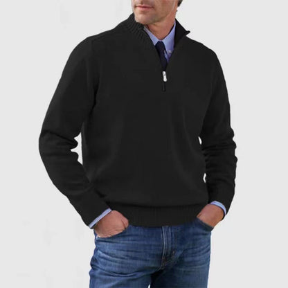 Men's Winter Knit Sweater – Stand Collar Zip-Up, Solid Colour Long Sleeve Pullover