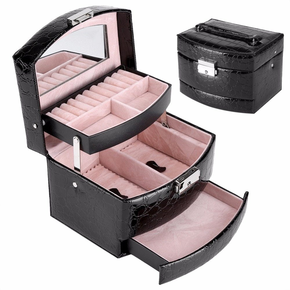 3-Layer Jewellery & Makeup Organizer – Leather Storage Box, Cosmetic Case.