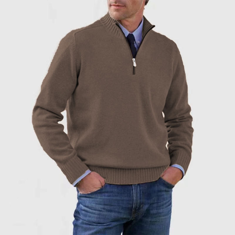 Men's Winter Knit Sweater – Stand Collar Zip-Up, Solid Colour Long Sleeve Pullover