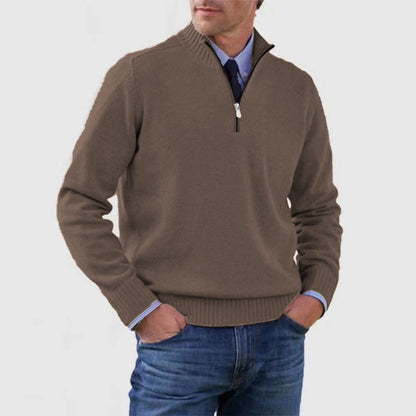 Men's Winter Knit Sweater – Stand Collar Zip-Up, Solid Colour Long Sleeve Pullover