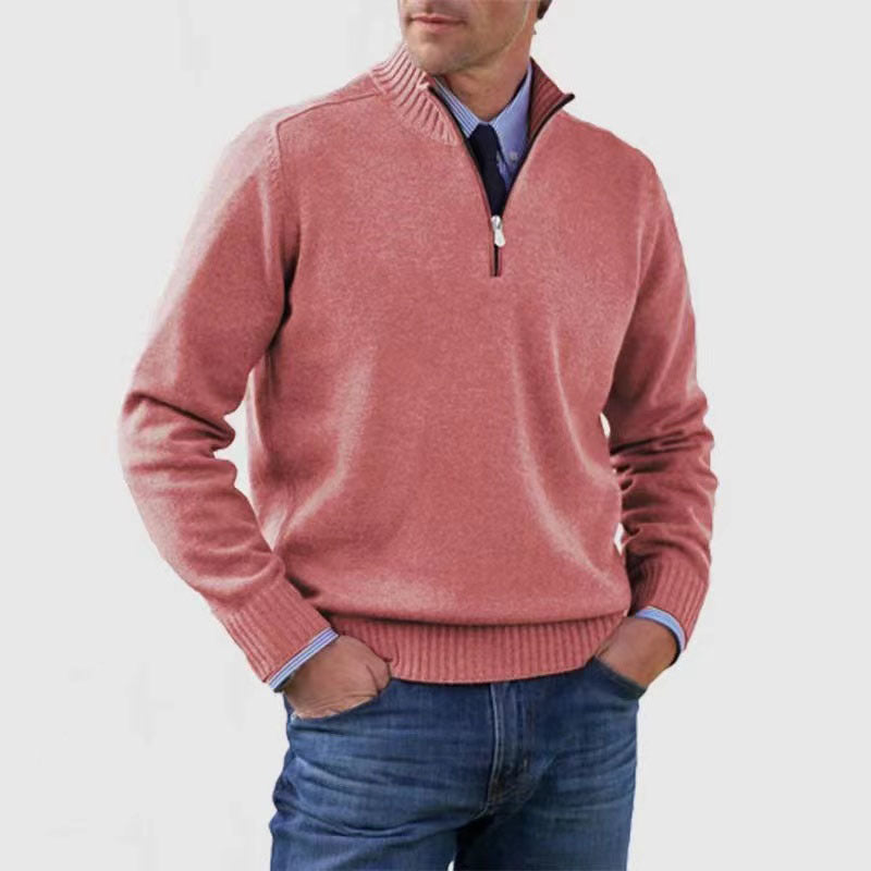 Men's Winter Knit Sweater – Stand Collar Zip-Up, Solid Colour Long Sleeve Pullover