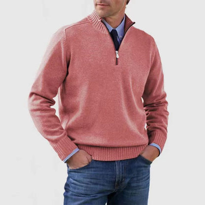 Men's Winter Knit Sweater – Stand Collar Zip-Up, Solid Colour Long Sleeve Pullover