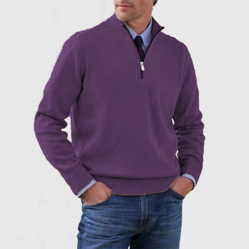 Men's Winter Knit Sweater – Stand Collar Zip-Up, Solid Colour Long Sleeve Pullover