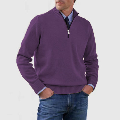 Men's Winter Knit Sweater – Stand Collar Zip-Up, Solid Colour Long Sleeve Pullover