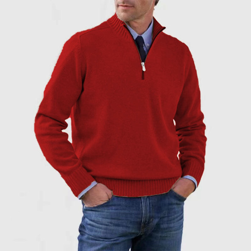 Men's Winter Knit Sweater – Stand Collar Zip-Up, Solid Colour Long Sleeve Pullover