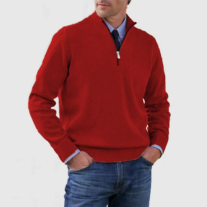 Men's Winter Knit Sweater – Stand Collar Zip-Up, Solid Colour Long Sleeve Pullover
