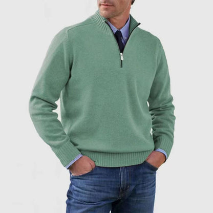 Men's Winter Knit Sweater – Stand Collar Zip-Up, Solid Colour Long Sleeve Pullover