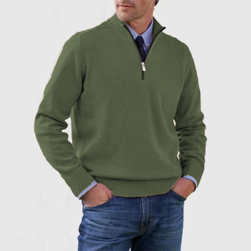 Men's Winter Knit Sweater – Stand Collar Zip-Up, Solid Colour Long Sleeve Pullover