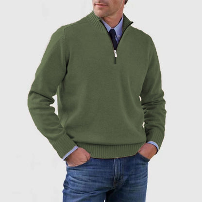 Men's Winter Knit Sweater – Stand Collar Zip-Up, Solid Colour Long Sleeve Pullover