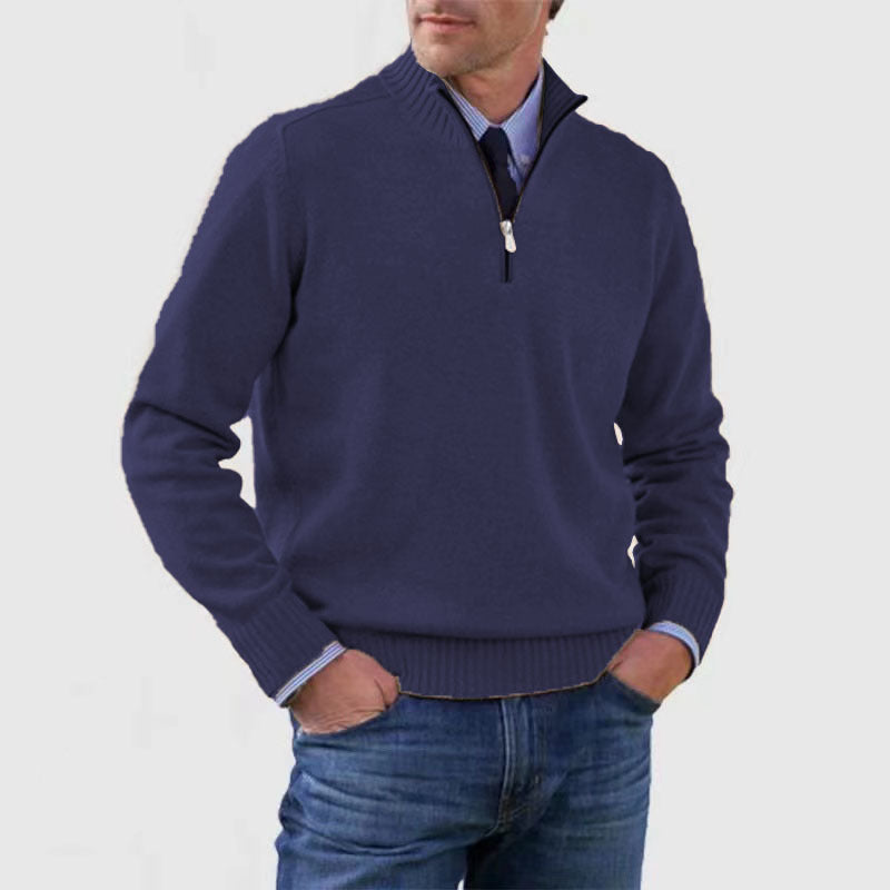 Men's Winter Knit Sweater – Stand Collar Zip-Up, Solid Colour Long Sleeve Pullover