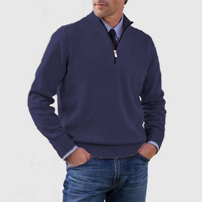 Men's Winter Knit Sweater – Stand Collar Zip-Up, Solid Colour Long Sleeve Pullover