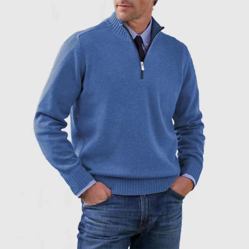 Men's Winter Knit Sweater – Stand Collar Zip-Up, Solid Colour Long Sleeve Pullover