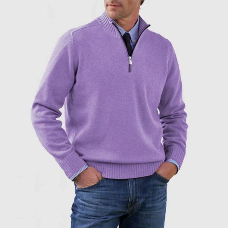 Men's Winter Knit Sweater – Stand Collar Zip-Up, Solid Colour Long Sleeve Pullover
