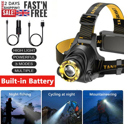 Rechargeable LED Headlamp – Zoomable Head Torch with 3 Modes, Powerful Flashlight for Fishing, Driving & Camping