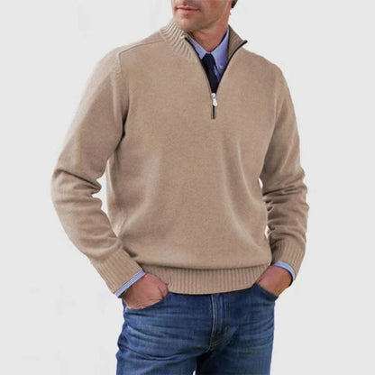 Men's Winter Knit Sweater – Stand Collar Zip-Up, Solid Colour Long Sleeve Pullover