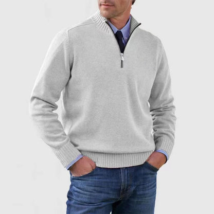 Men's Winter Knit Sweater – Stand Collar Zip-Up, Solid Colour Long Sleeve Pullover