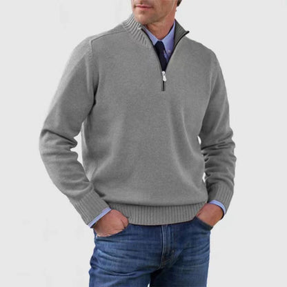 Men's Winter Knit Sweater – Stand Collar Zip-Up, Solid Colour Long Sleeve Pullover